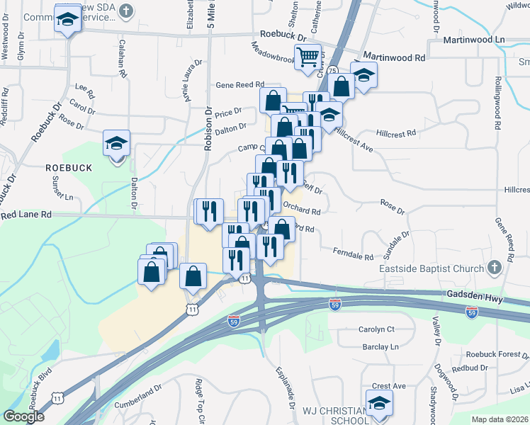 map of restaurants, bars, coffee shops, grocery stores, and more near 9402 Parkway East in Birmingham