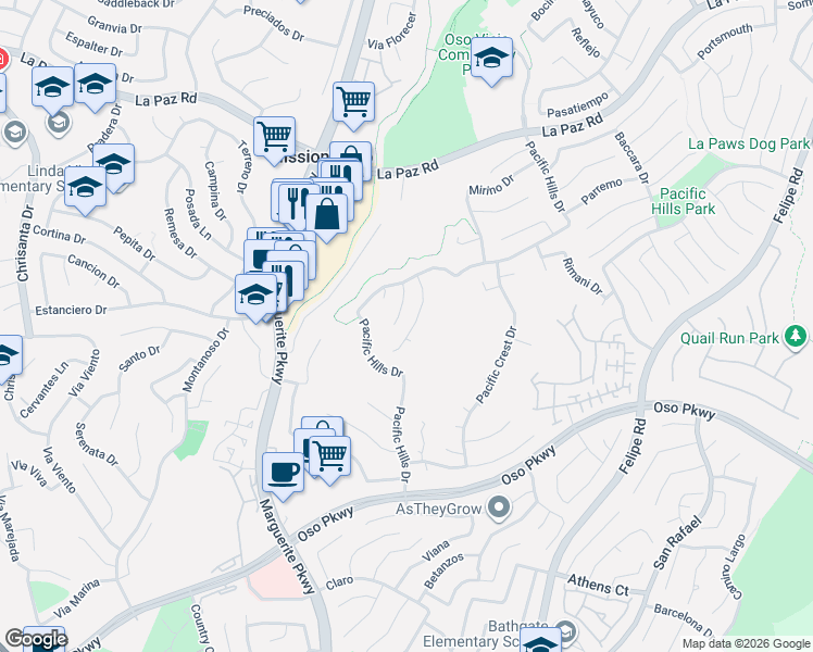 map of restaurants, bars, coffee shops, grocery stores, and more near 25601 Chimera Drive in Mission Viejo