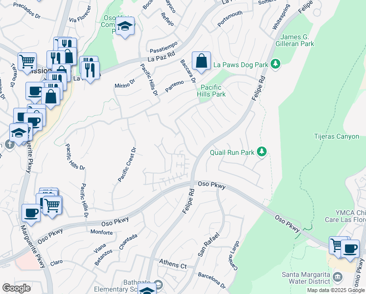 map of restaurants, bars, coffee shops, grocery stores, and more near 20 Melrose Drive in Mission Viejo
