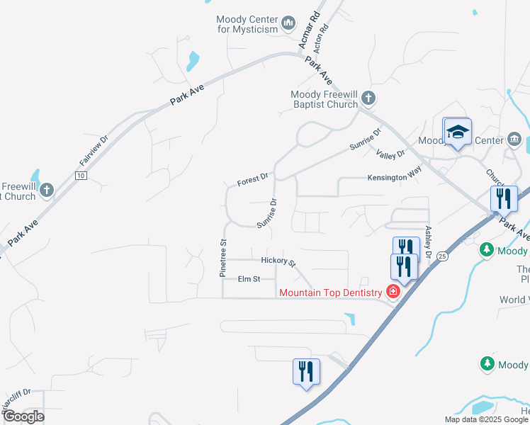 map of restaurants, bars, coffee shops, grocery stores, and more near 2585 Sunrise Drive in Moody