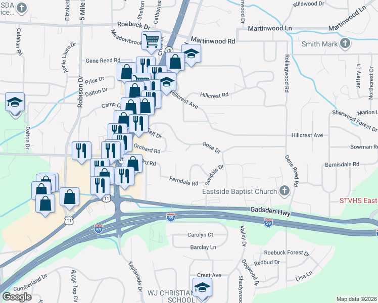map of restaurants, bars, coffee shops, grocery stores, and more near 801 Rose Drive in Birmingham