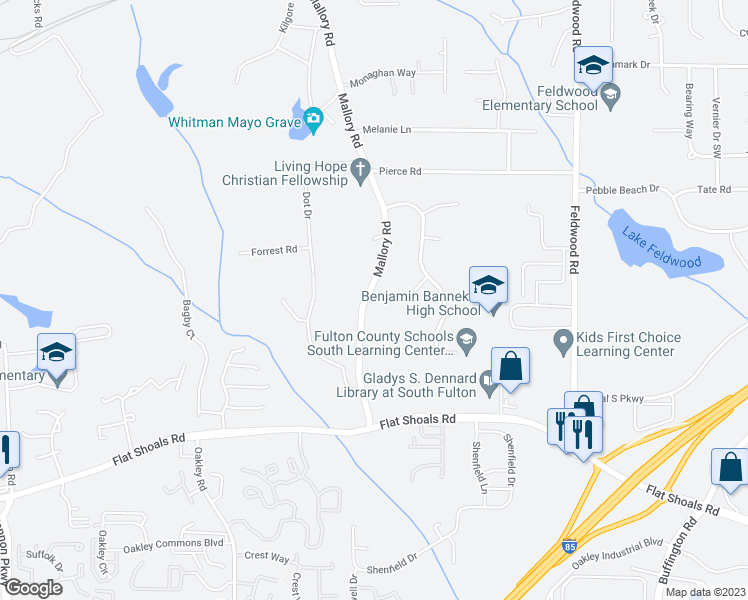 map of restaurants, bars, coffee shops, grocery stores, and more near 6010 Mallory Road in College Park