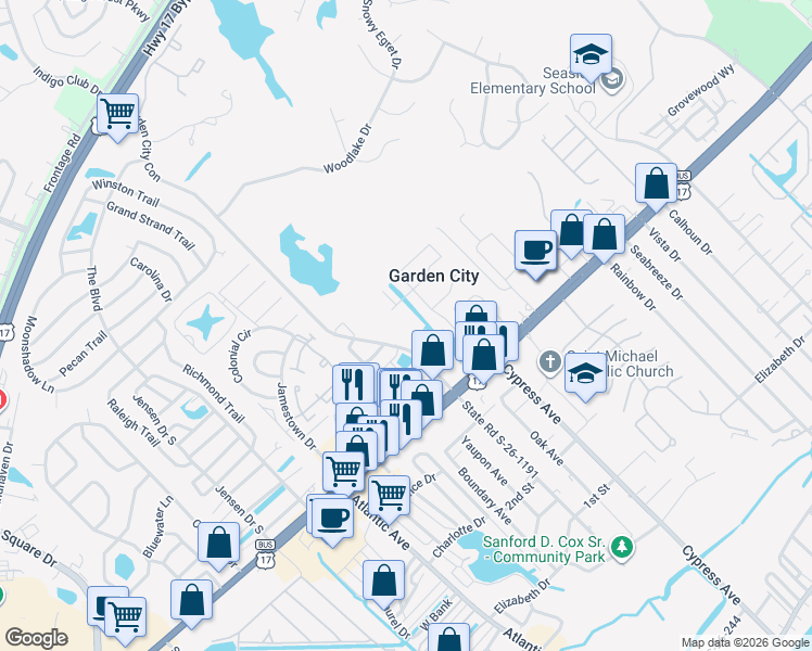 map of restaurants, bars, coffee shops, grocery stores, and more near 121 Addison Cottage Way in Murrells Inlet