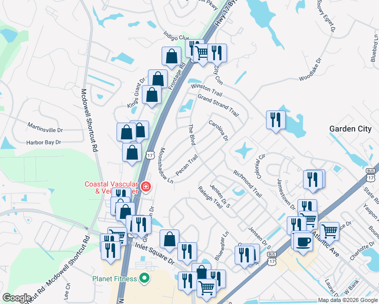 map of restaurants, bars, coffee shops, grocery stores, and more near 3343 Charleston Trail in Murrells Inlet