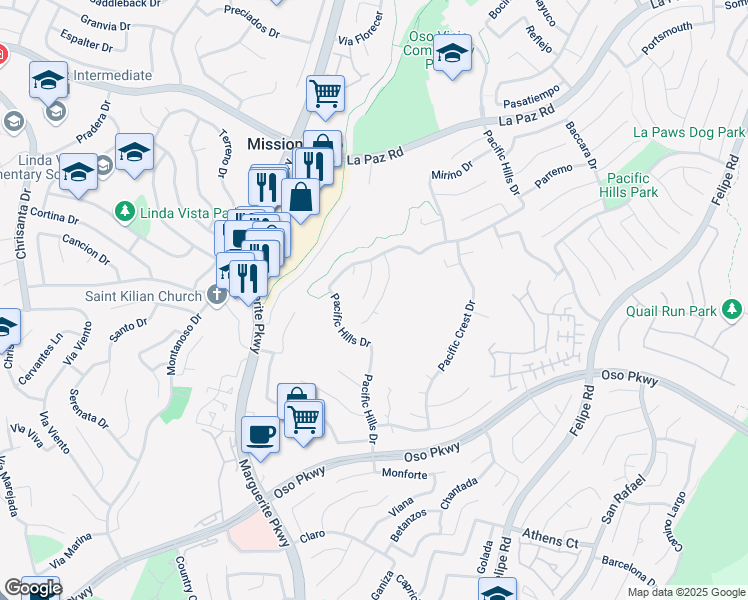 map of restaurants, bars, coffee shops, grocery stores, and more near 25591 Aria Drive in Mission Viejo