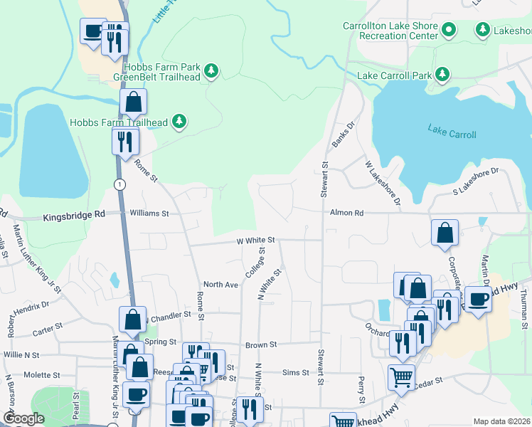 map of restaurants, bars, coffee shops, grocery stores, and more near 312 Wooded Glen Lane in Carrollton