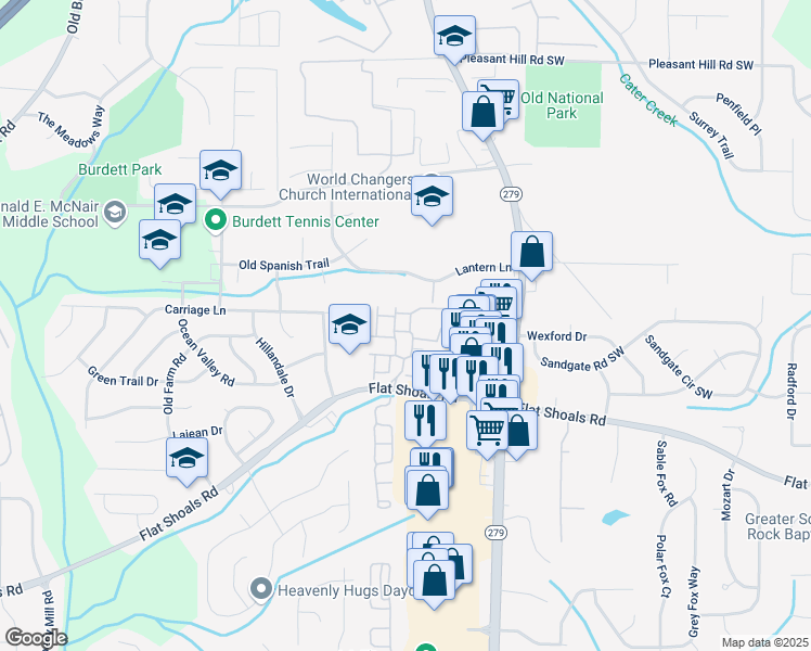 map of restaurants, bars, coffee shops, grocery stores, and more near 2555 Flat Shoals Road in College Park