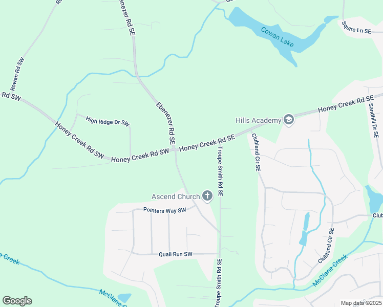 map of restaurants, bars, coffee shops, grocery stores, and more near 125 Honey Creek Road Southeast in Conyers