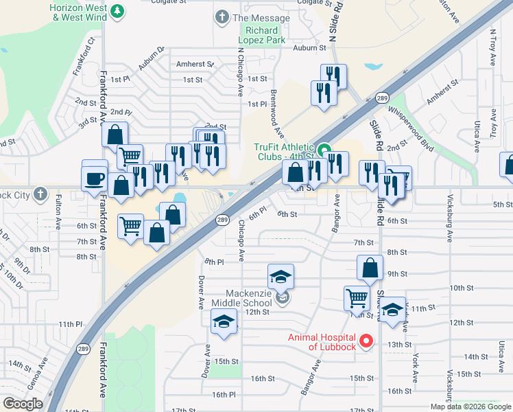 map of restaurants, bars, coffee shops, grocery stores, and more near 5449 6th Place in Lubbock
