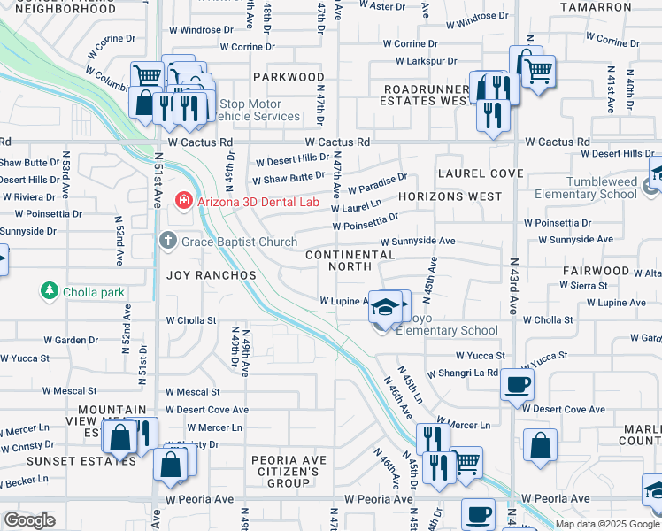 map of restaurants, bars, coffee shops, grocery stores, and more near 11450 North 47th Drive in Glendale