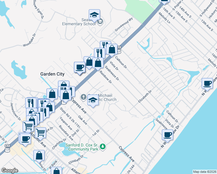 map of restaurants, bars, coffee shops, grocery stores, and more near 929 Wind Sail Court in Murrells Inlet