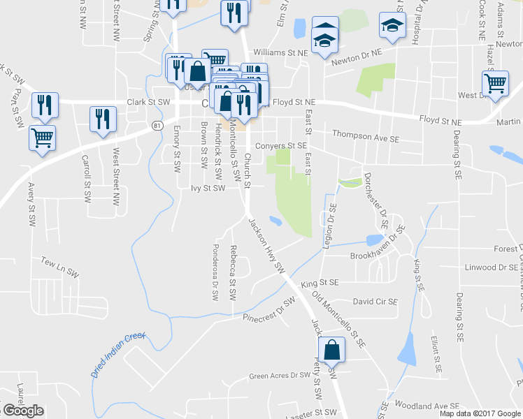 map of restaurants, bars, coffee shops, grocery stores, and more near 2197 Church Street in Covington
