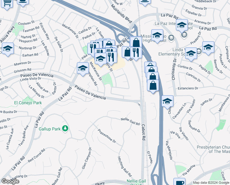 map of restaurants, bars, coffee shops, grocery stores, and more near 25831 Tree Top Road in Laguna Hills