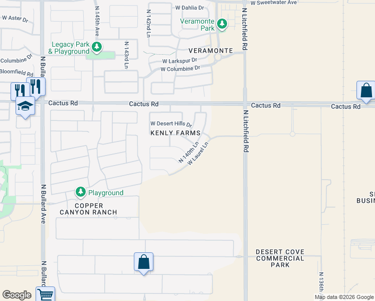 map of restaurants, bars, coffee shops, grocery stores, and more near 11811 North 140th Lane in Surprise