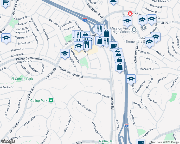 map of restaurants, bars, coffee shops, grocery stores, and more near 25831 Tree Top Road in Laguna Hills