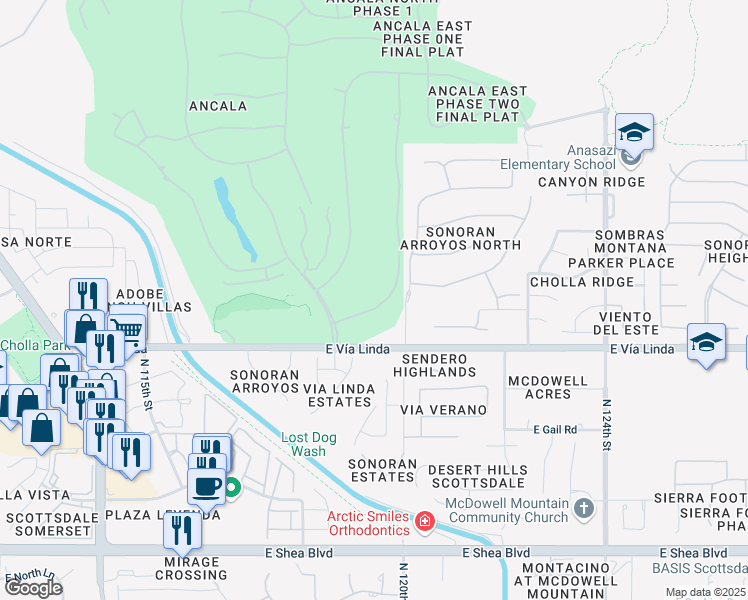 map of restaurants, bars, coffee shops, grocery stores, and more near 11614 North 120th Street in Scottsdale