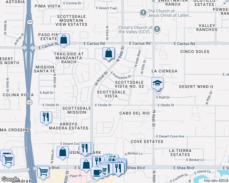 map of restaurants, bars, coffee shops, grocery stores, and more near 9360 East Kalil Drive in Scottsdale