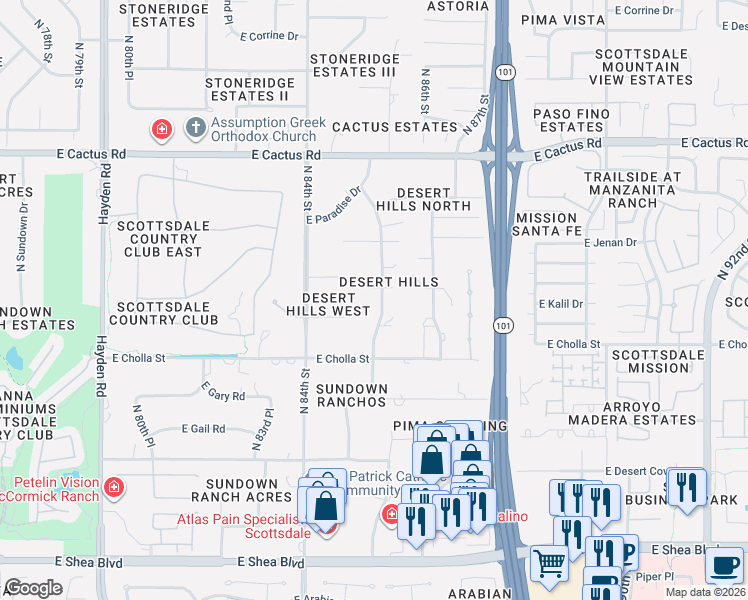 map of restaurants, bars, coffee shops, grocery stores, and more near 11480 North 85th Street in Scottsdale