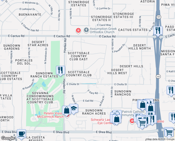 map of restaurants, bars, coffee shops, grocery stores, and more near 8117 East Cortez Drive in Scottsdale