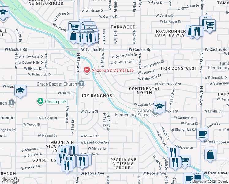 map of restaurants, bars, coffee shops, grocery stores, and more near 4821 West Altadena Avenue in Glendale
