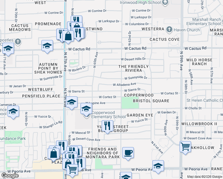 map of restaurants, bars, coffee shops, grocery stores, and more near 6315 West Sierra Street in Glendale