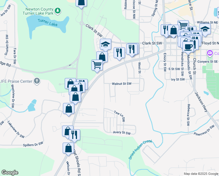 map of restaurants, bars, coffee shops, grocery stores, and more near 5177 Avery Street Southwest in Covington