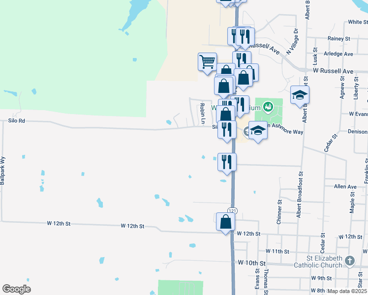map of restaurants, bars, coffee shops, grocery stores, and more near 1413 Silo Road in Bonham