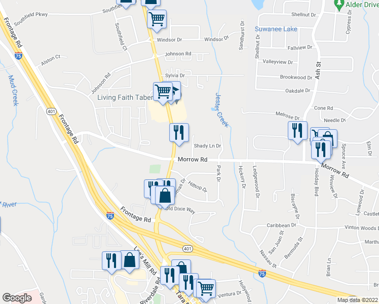 map of restaurants, bars, coffee shops, grocery stores, and more near 5977 Moss Drive in Forest Park