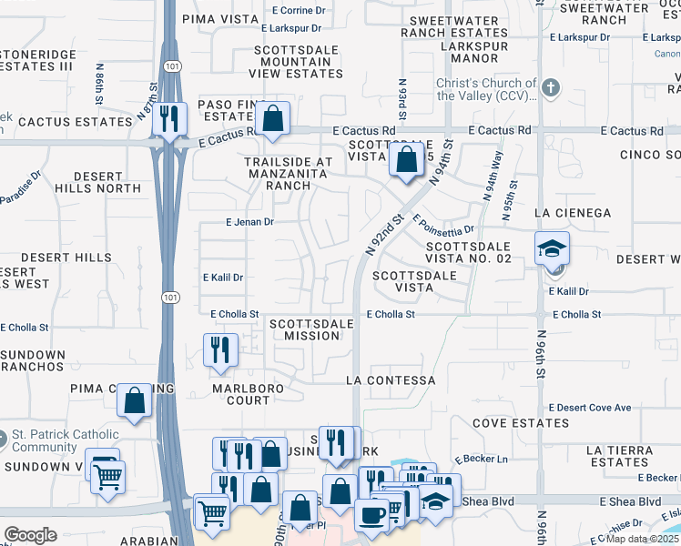 map of restaurants, bars, coffee shops, grocery stores, and more near 11515 North 91st Street in Scottsdale