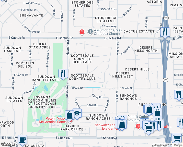 map of restaurants, bars, coffee shops, grocery stores, and more near 8117 East Cortez Drive in Scottsdale
