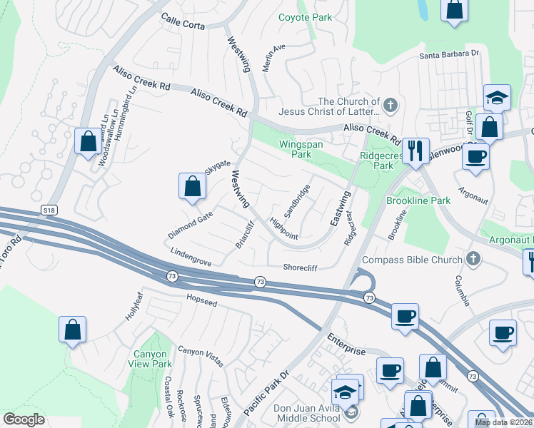 map of restaurants, bars, coffee shops, grocery stores, and more near 19 Stonebrook in Aliso Viejo