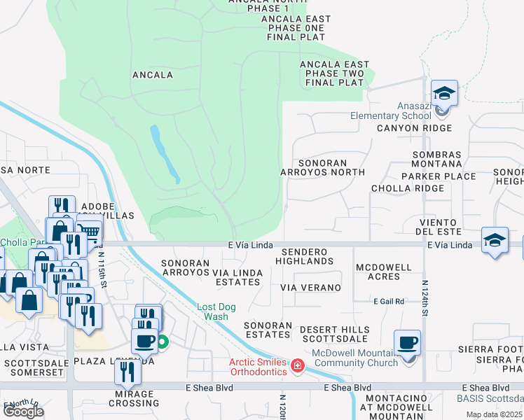 map of restaurants, bars, coffee shops, grocery stores, and more near 11614 North 120th Street in Scottsdale