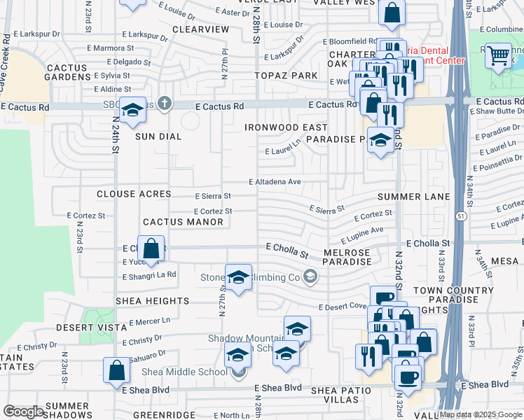 map of restaurants, bars, coffee shops, grocery stores, and more near 2801 East Cortez Street in Phoenix
