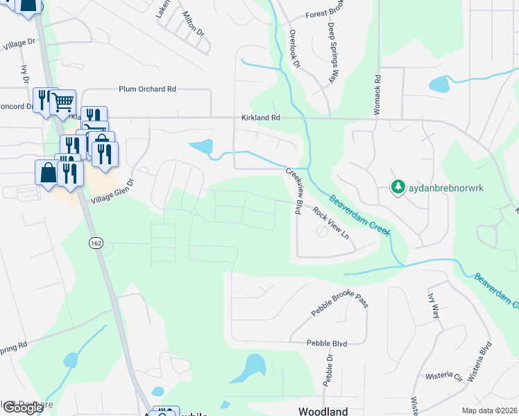 map of restaurants, bars, coffee shops, grocery stores, and more near 340 Creekview Boulevard in Covington