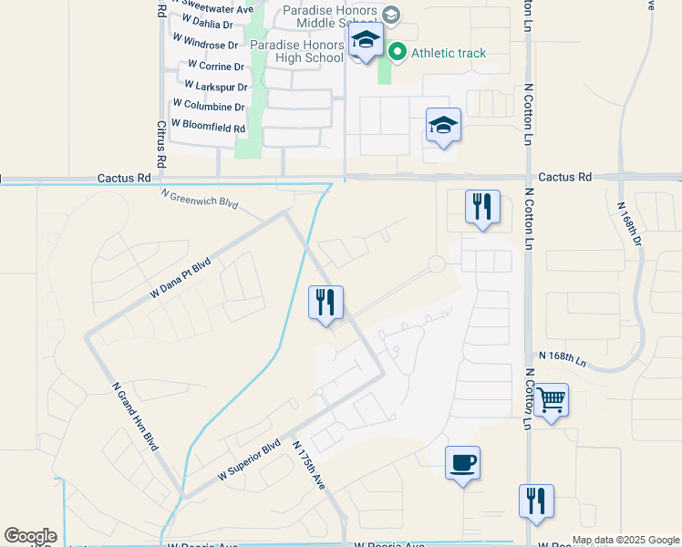 map of restaurants, bars, coffee shops, grocery stores, and more near 17543 West San Marcos Street in Surprise