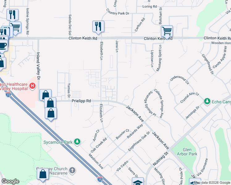 map of restaurants, bars, coffee shops, grocery stores, and more near 36485 Jana Lane in Wildomar
