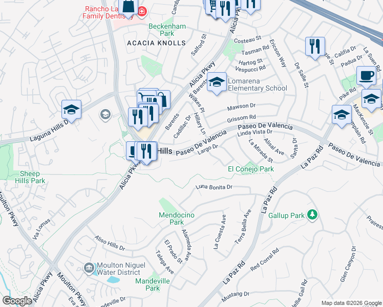map of restaurants, bars, coffee shops, grocery stores, and more near 24901 Largo Drive in Laguna Hills