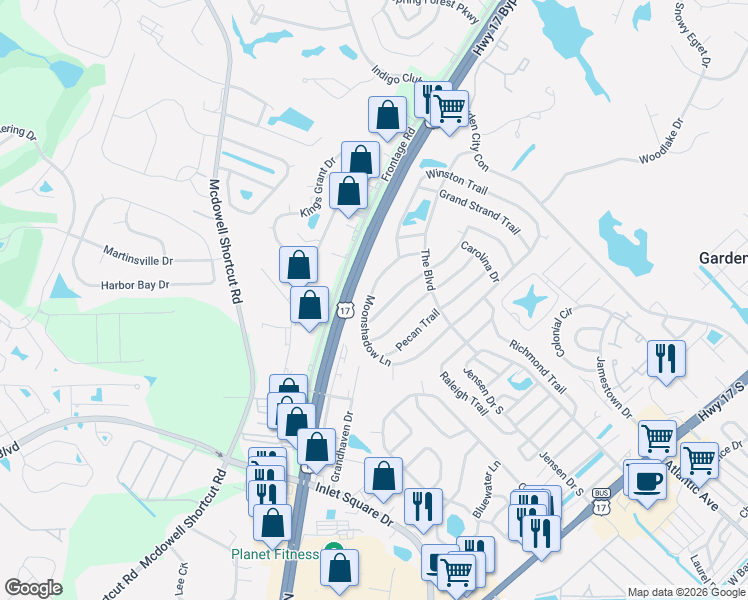 map of restaurants, bars, coffee shops, grocery stores, and more near 3456 Piedmont Trail in Murrells Inlet