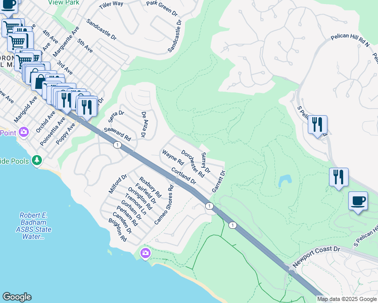 map of restaurants, bars, coffee shops, grocery stores, and more near 4614 Wayne Road in Newport Beach