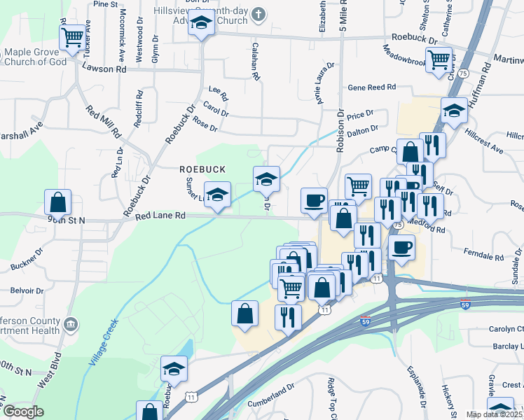 map of restaurants, bars, coffee shops, grocery stores, and more near 300 Red Lane Road in Birmingham