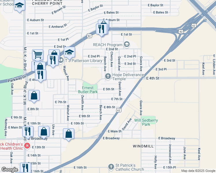 map of restaurants, bars, coffee shops, grocery stores, and more near 2814 East 5th Street in Lubbock
