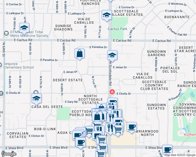 map of restaurants, bars, coffee shops, grocery stores, and more near 7102 East Kalil Drive in Scottsdale