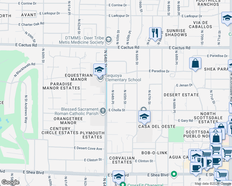 map of restaurants, bars, coffee shops, grocery stores, and more near 11439 North 64th Place in Scottsdale