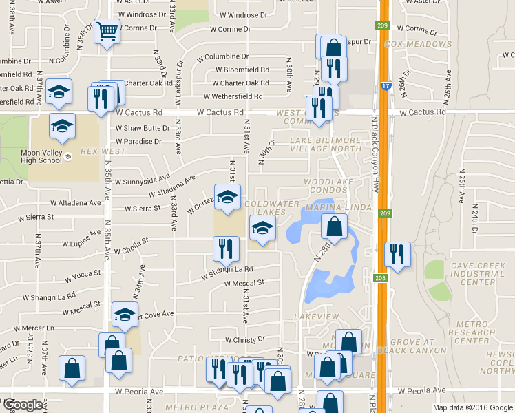 map of restaurants, bars, coffee shops, grocery stores, and more near 11450 North 30th Lane in Phoenix