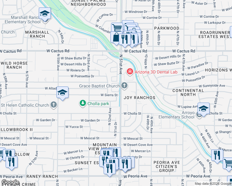 map of restaurants, bars, coffee shops, grocery stores, and more near 5127 West Sierra Street in Glendale