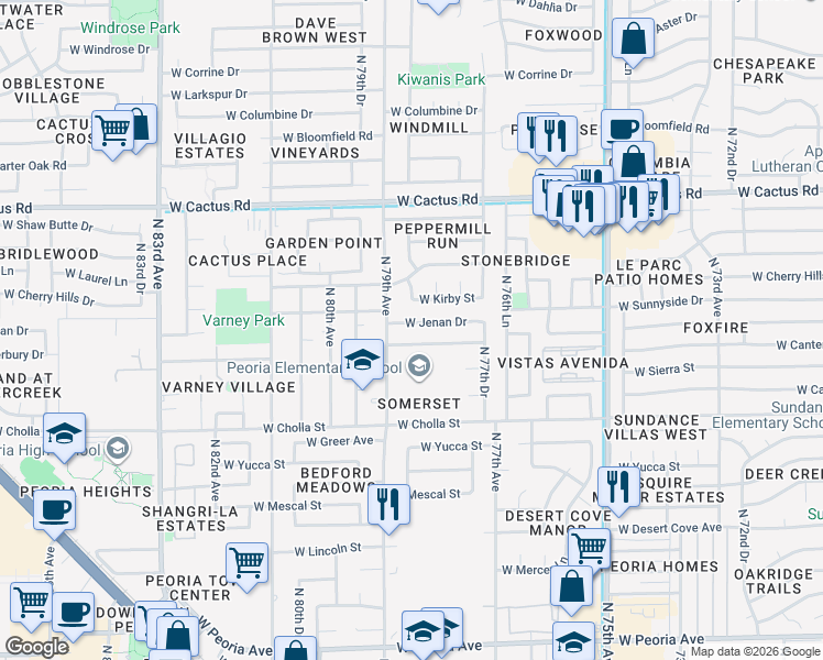 map of restaurants, bars, coffee shops, grocery stores, and more near 7844 West Canterbury Drive in Peoria