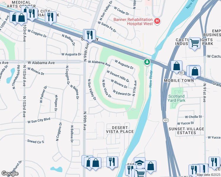 map of restaurants, bars, coffee shops, grocery stores, and more near 11665 North Rio Vista Drive in Sun City