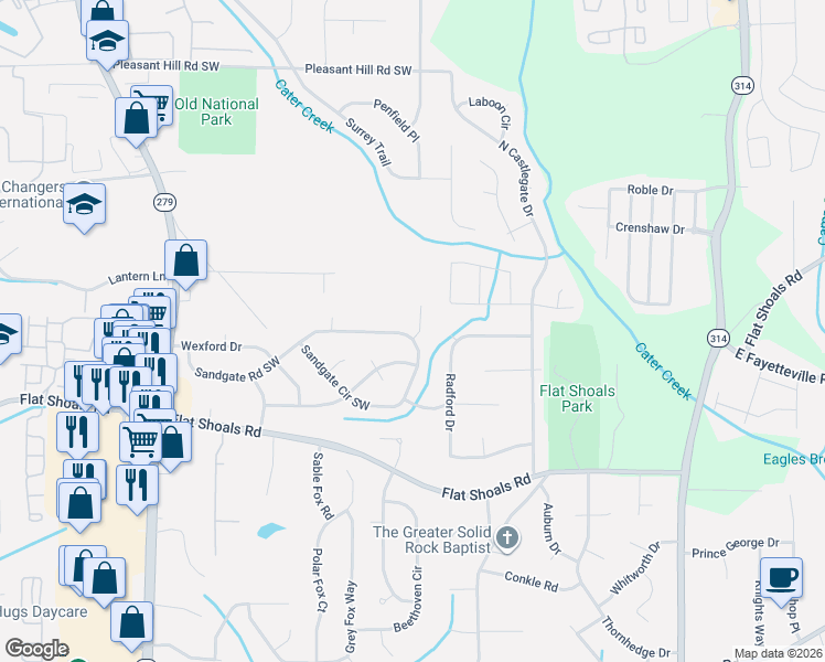 map of restaurants, bars, coffee shops, grocery stores, and more near 2120 Sandgate Circle Southwest in Atlanta