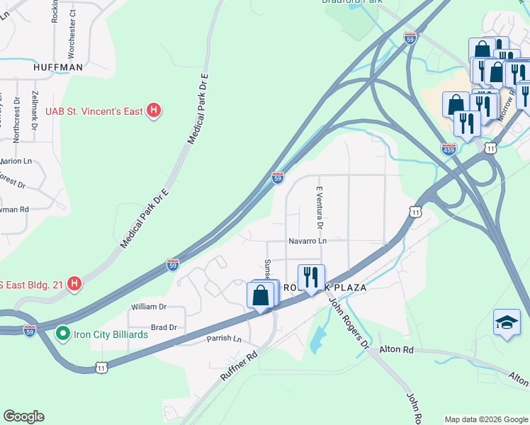 map of restaurants, bars, coffee shops, grocery stores, and more near 416 Navarro Lane in Birmingham
