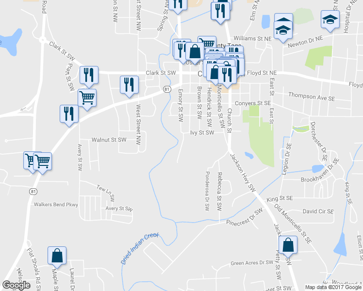map of restaurants, bars, coffee shops, grocery stores, and more near 3132 Lunsford Circle Southwest in Covington